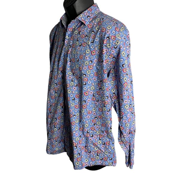 Tallia Button Up Long Sleeve Dress Shirt L Blue Floral Flip Cuff Point Collar - Picture 3 of 7